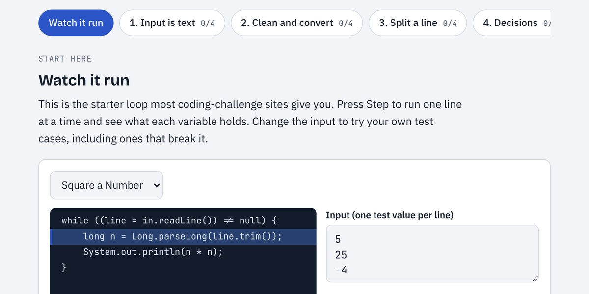 Java Challenge Trainer stepping through a Java program line by line