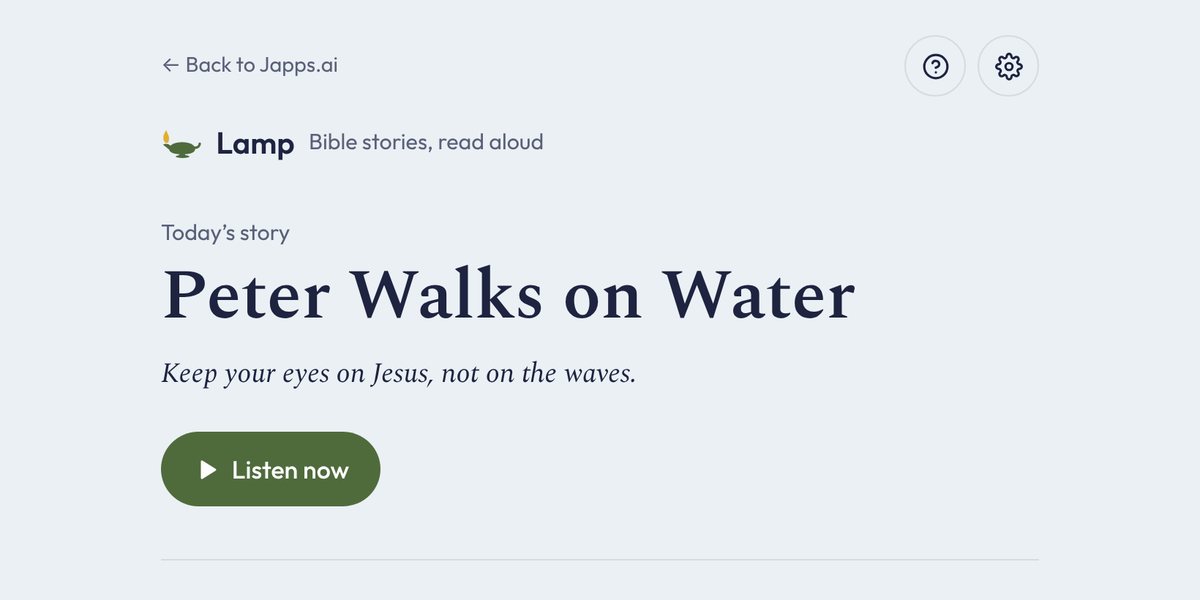 Lamp app showing today's Bible story with a Listen now button