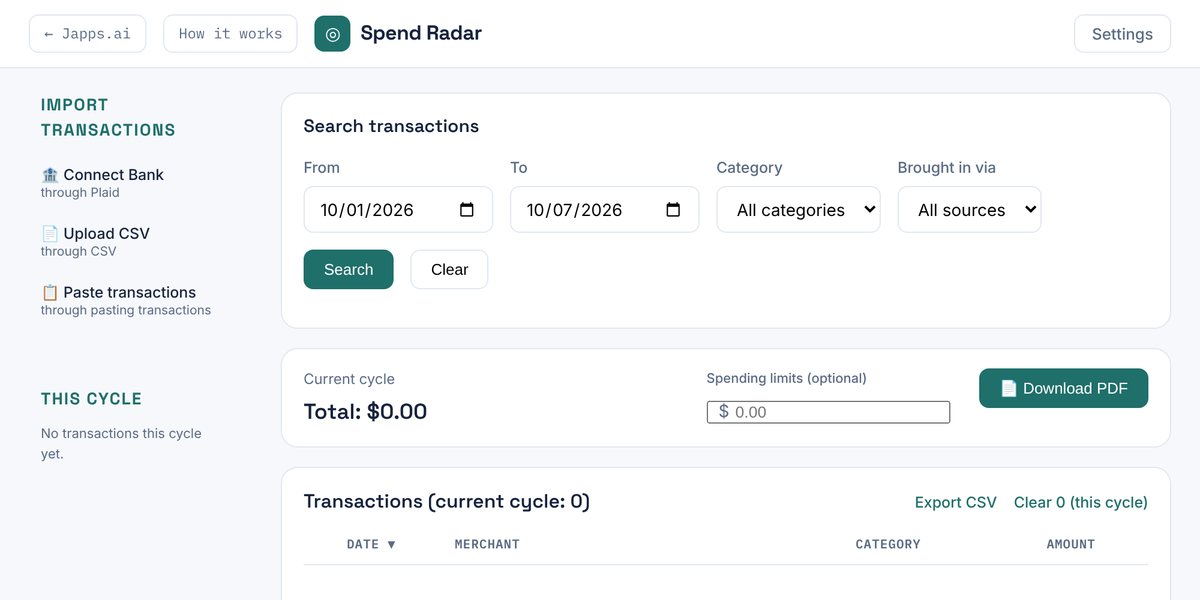 Spend Radar app with transaction search and current cycle total