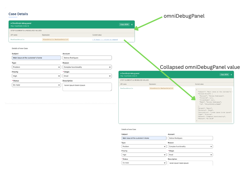 OmniScript Debug Panel showing collapsed and expanded omniJsonData views inside a Salesforce OmniScript step