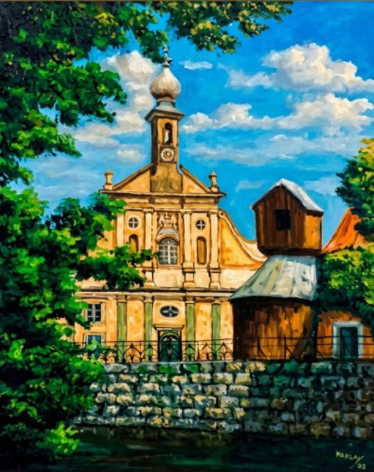 Pintura al óleo de una iglesia junto a un lago, rodeada de árboles, por Karla Martinez